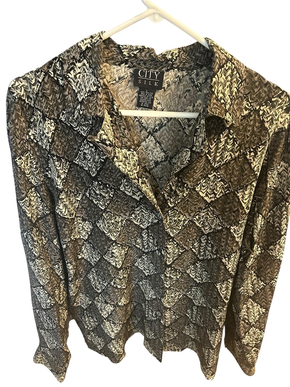 City Silk Blouse Womens Large Geo 100% Silk V neck Button Business Career Office